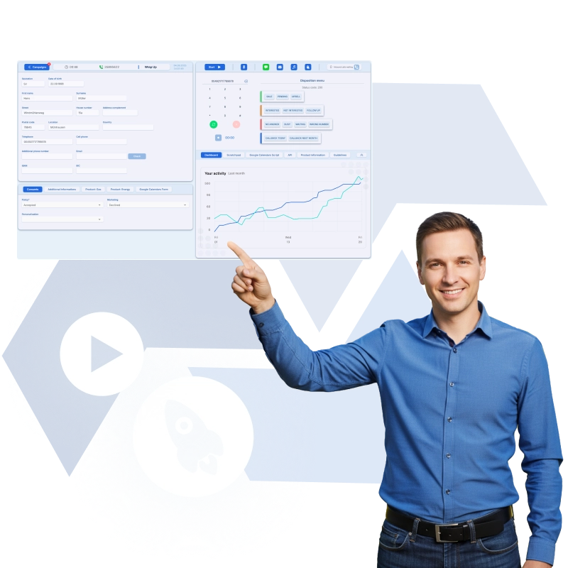 Ein Mann, der auf einen Screenshot der TCdial-Software zeigt.