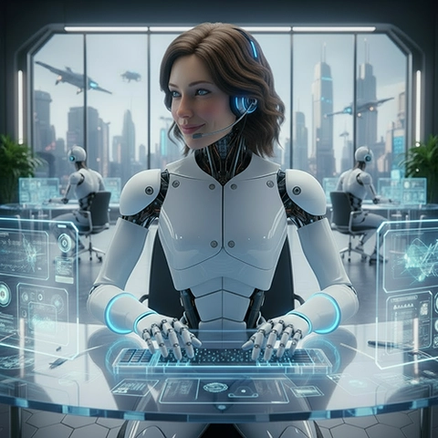 Ein humanoider Roboter, der als Callcenter-Agent arbeitet.