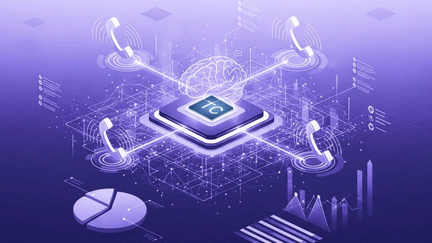 Ein Prozessor mit dem TCdial-Logo, darüber ein digitaler Gehirn, das Signale an vier Telefone sendet, im Hintergrund Statistiken und Diagramme.