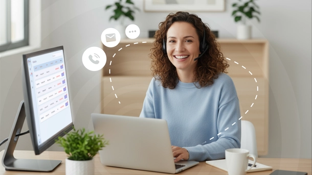 Eine zufriedene Frau arbeitet an ihrem Schreibtisch an ihrem Laptop.